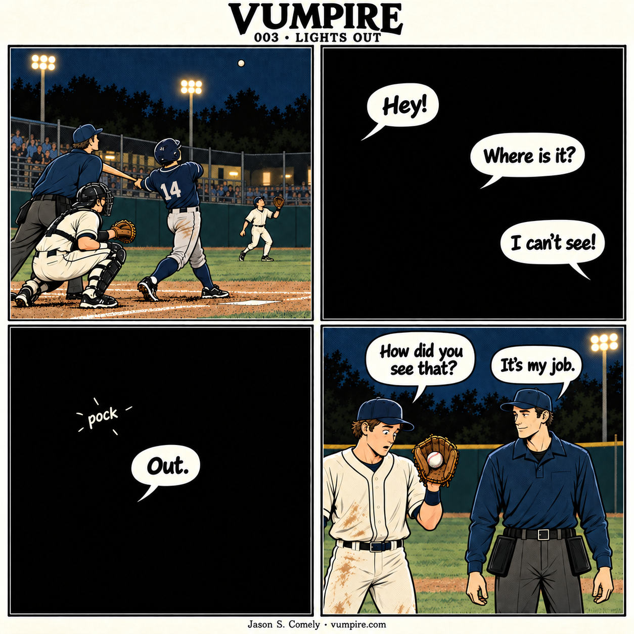 VUMPIRE 003: Lights Out. Four-panel comic. A complete transcript follows below.