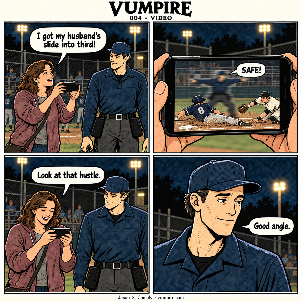 VUMPIRE 004: Video. Four-panel comic. A complete transcript follows below.