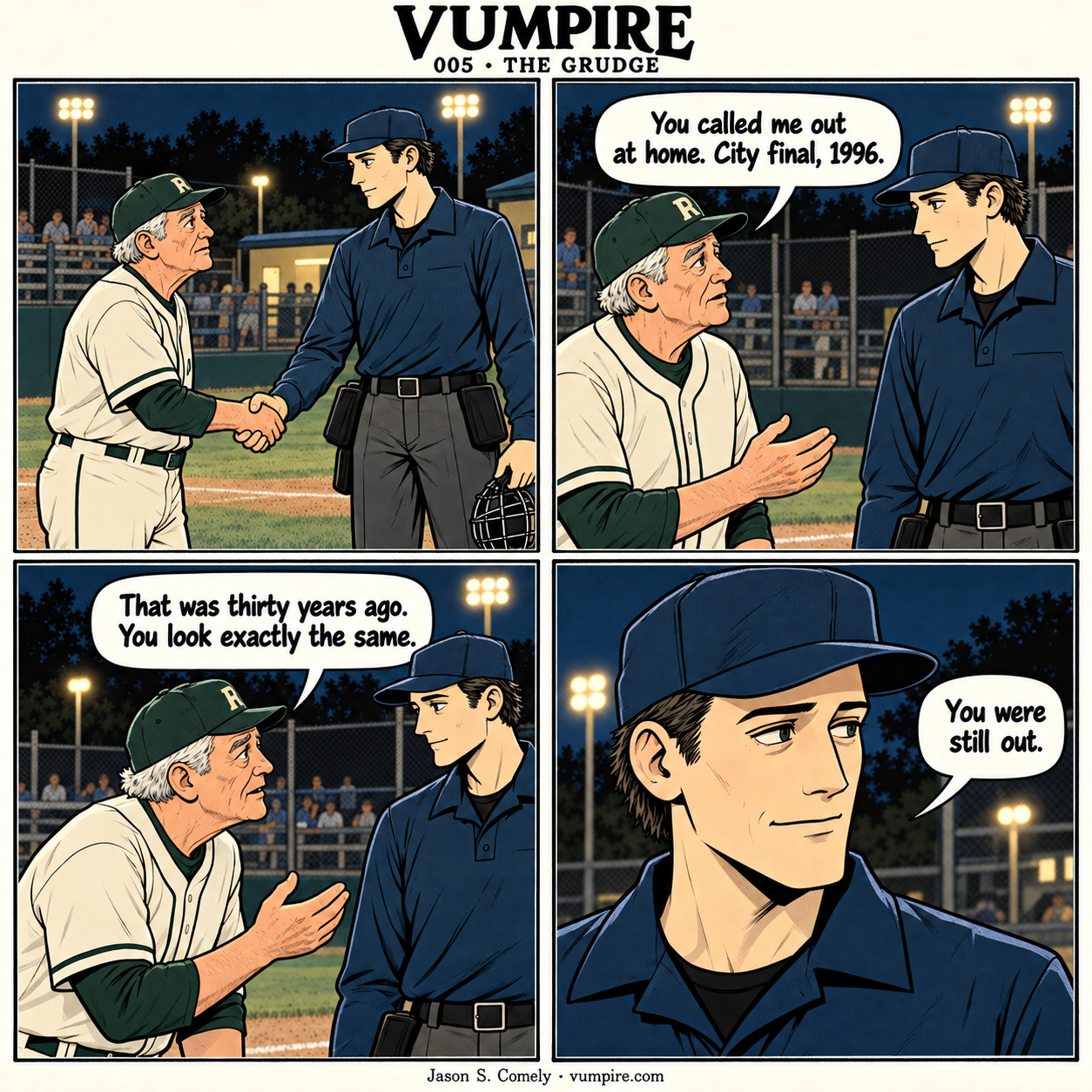 VUMPIRE 005: The Grudge. Four-panel comic. A complete transcript follows below.