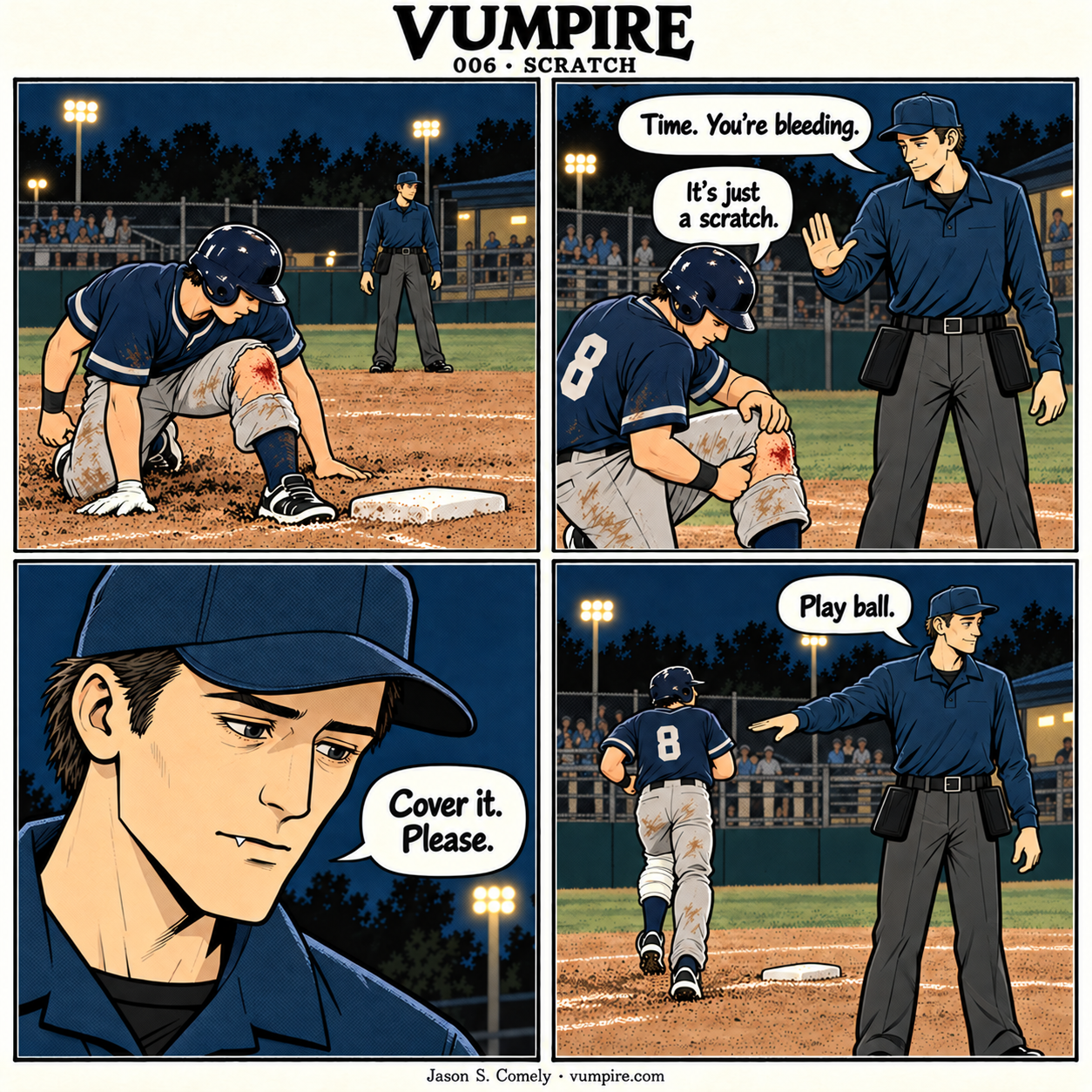 VUMPIRE 006: Scratch. Four-panel comic. A complete transcript follows below.