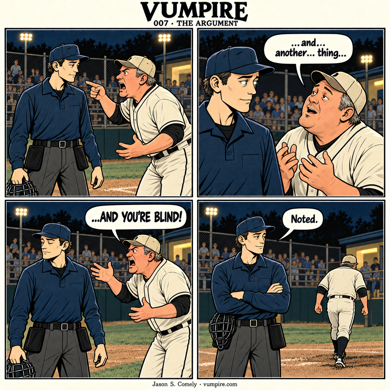 VUMPIRE 007: The Argument. Four-panel comic. A complete transcript follows below.