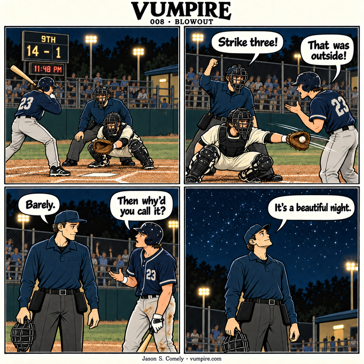 VUMPIRE 008: Blowout. Four-panel comic. A complete transcript follows below.