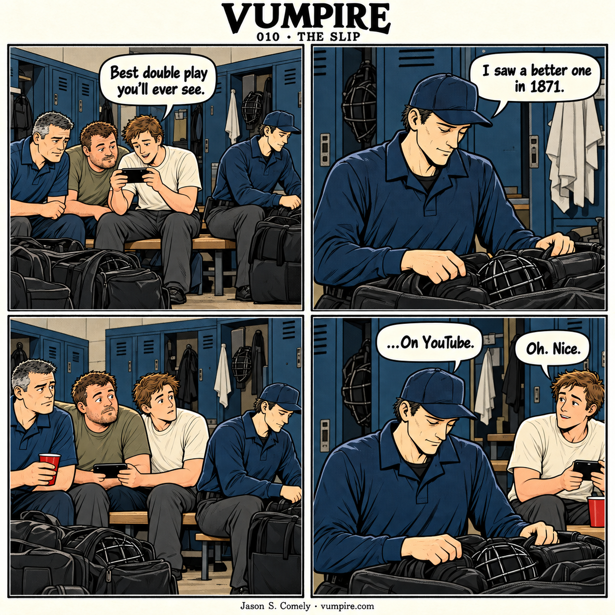 VUMPIRE 010: The Slip. Four-panel comic. A complete transcript follows below.