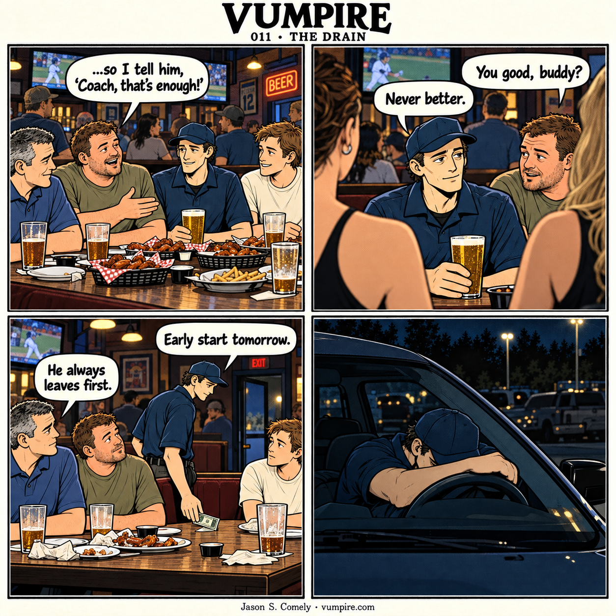VUMPIRE 011: The Drain. Four-panel comic. A complete transcript follows below.