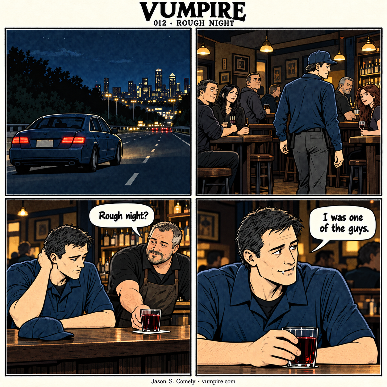 VUMPIRE 012: Rough Night. Four-panel comic. A complete transcript follows below.