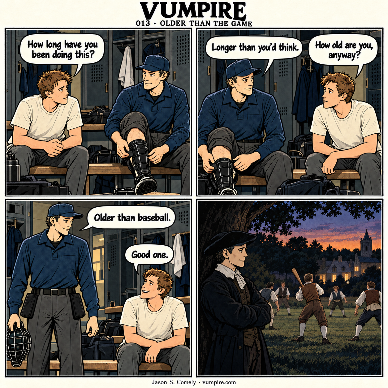 VUMPIRE 013: Older Than the Game. Four-panel comic. A complete transcript follows below.