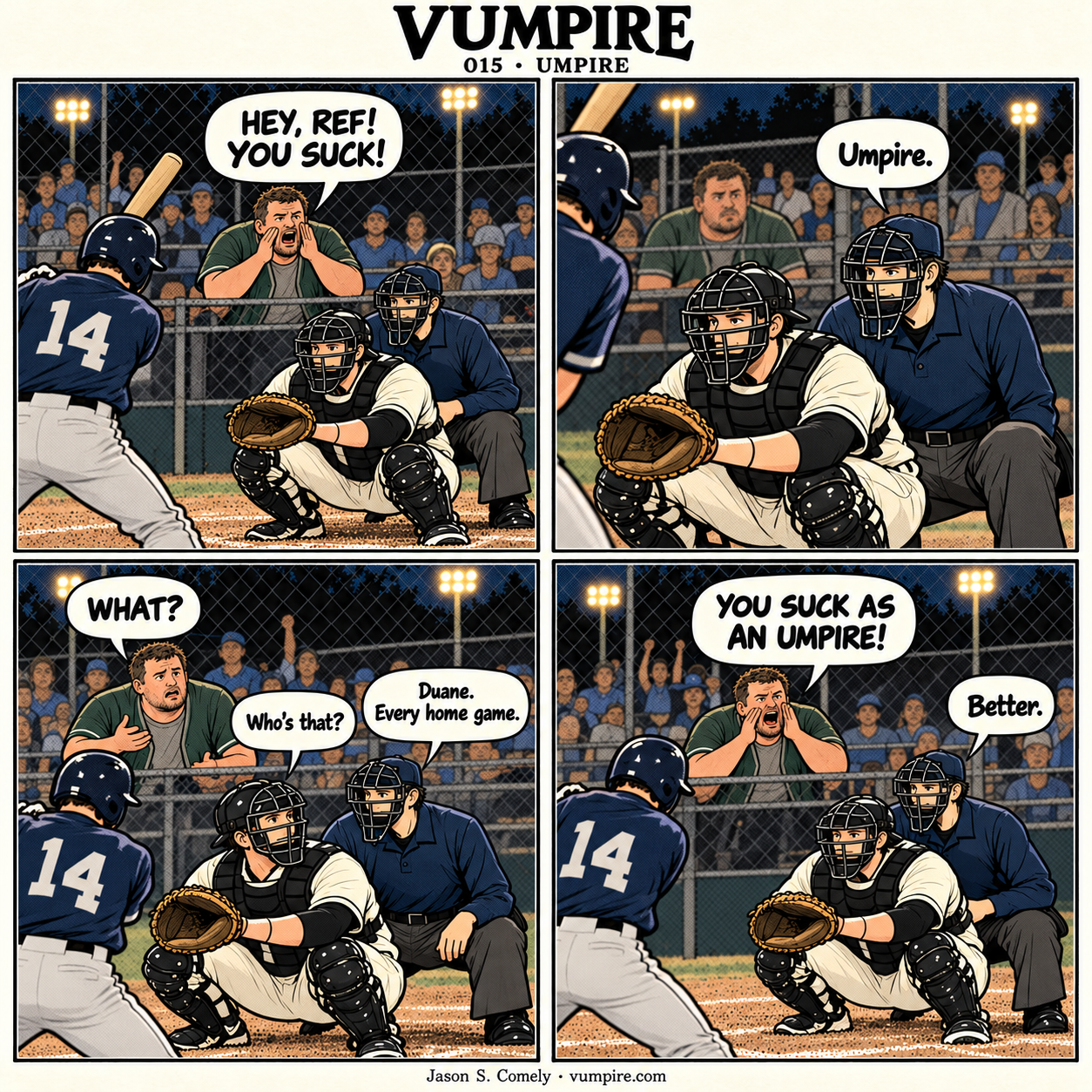 VUMPIRE 015: Umpire. Four-panel comic. A complete transcript follows below.