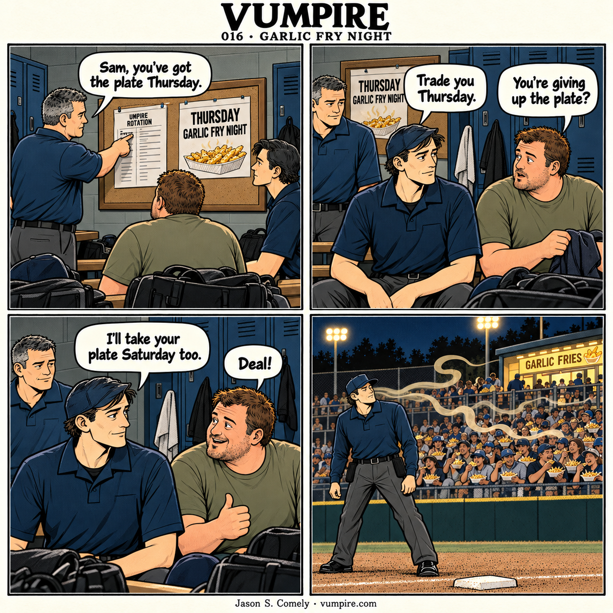 VUMPIRE 016: Garlic Fry Night. Four-panel comic. A complete transcript follows below.