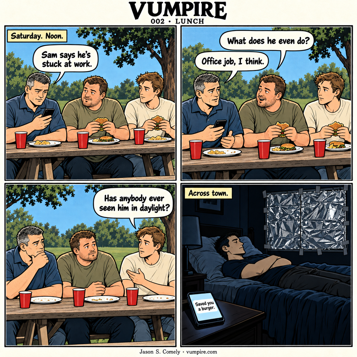 VUMPIRE 002: Lunch. Four-panel comic. A complete transcript follows below.